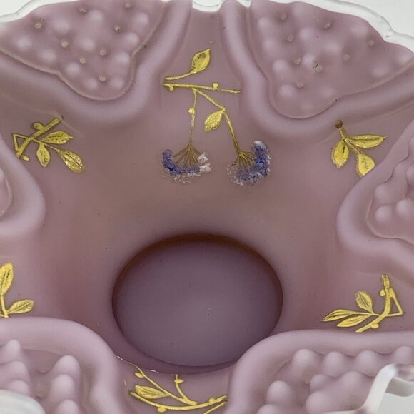 Brides Basket Glass Antique Victorian Enamel Floral Purple Satin Bowl 7" x 7" - Picture 2 of 8